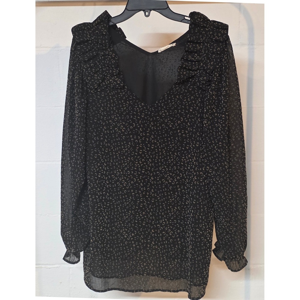 The Nines Women XL Black Tan Animal Print Ruffle V-Neck Sheer Blouse T14818P